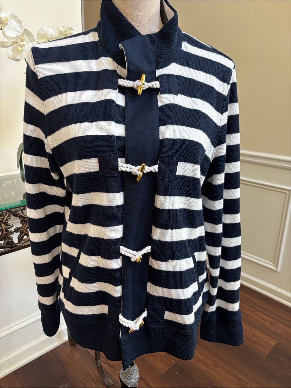 Lauren Ralph Lauren Nautical Striped Cardiga-Sweater Navy & White size Large